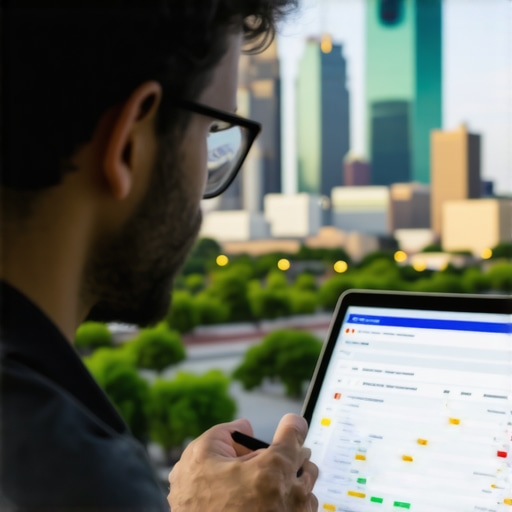 Business owner reviewing local SEO analytics with Houston skyline