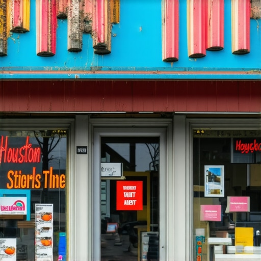 A vibrant Houston storefront showcasing local business branding