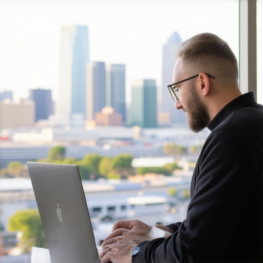 Houston GMB Optimization in Action Business owner optimizing Google My Business profile with Houston skyline in background