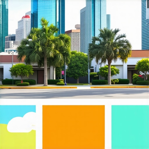 Houston Neighborhood Digital Marketing A lively Houston neighborhood with digital marketing icons and community scenes