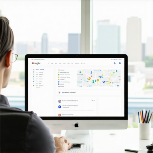 Business owner working on Google My Business profile with Houston skyline