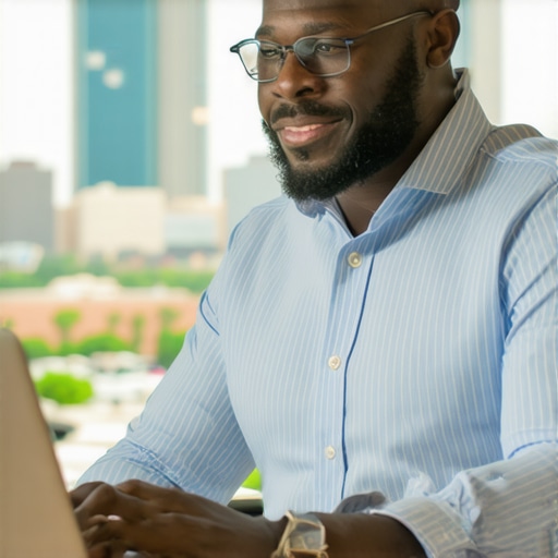 Houston business owner working on Google Maps optimization with city skyline