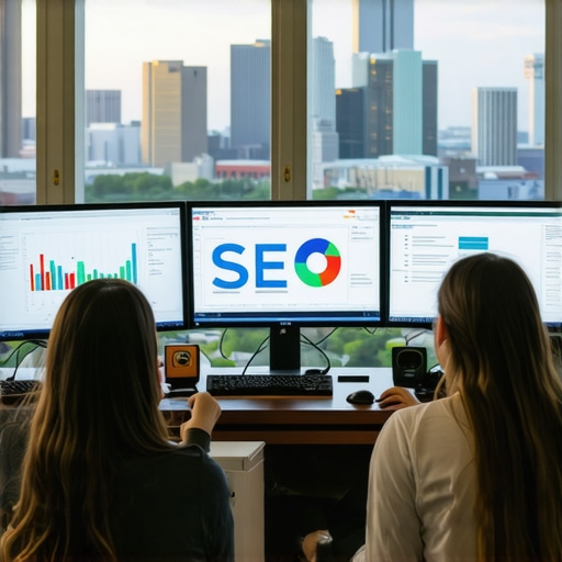 Team of marketers reviewing SEO ranking dashboards with Houston skyline in the background.