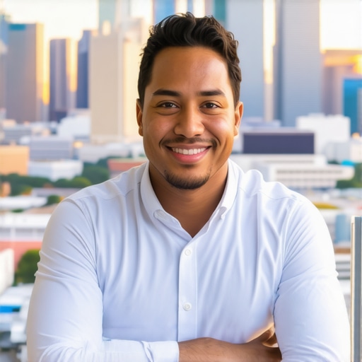 A Houston business owner working on Google My Business profile near city landmarks.