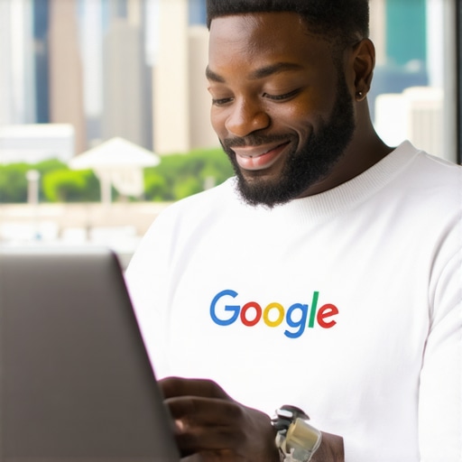 Houston business owner updating Google My Business listing on a laptop with city landmarks in the background.