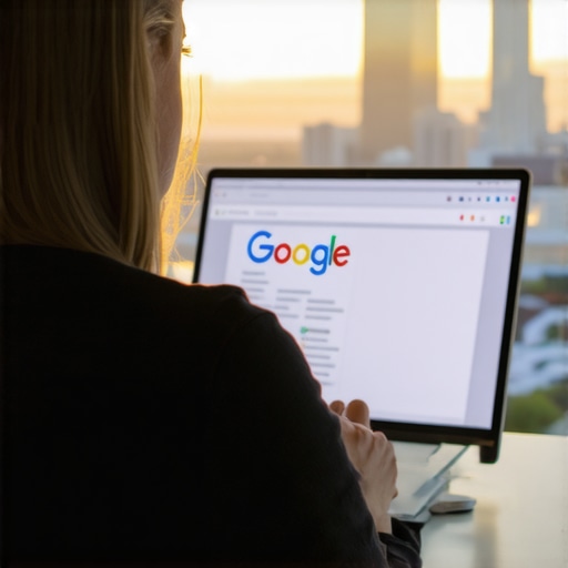 Business owner updating Google My Business profile with Houston cityscape behind