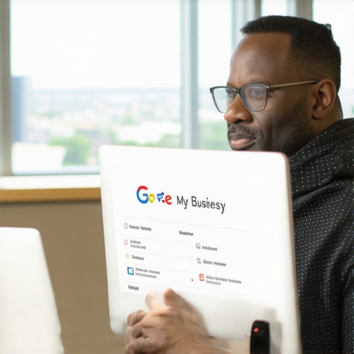 Business owner optimizing Google My Business profile with Houston cityscape in background.