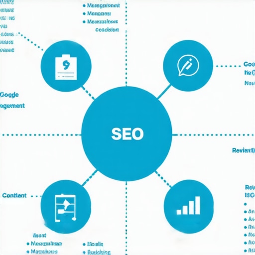 Houston Local SEO Strategy Map A comprehensive diagram showing local SEO tactics for Houston-based businesses, highlighting key steps like profile optimization, keyword usage, reviews, content, and backlinks.