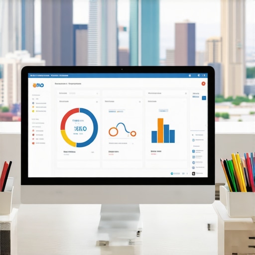 A desk with SEO software displayed on screen, Houston city skyline visible through window.