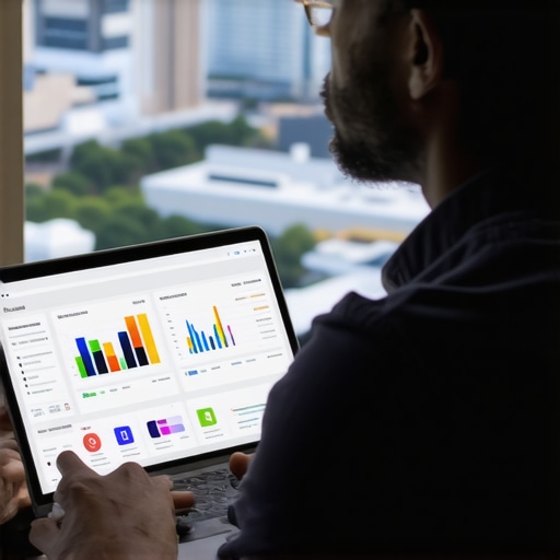 Analyzing Houston Local SEO Data Business owner reviewing SEO analytics for Houston business on laptop with cityscape