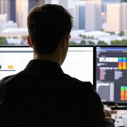 Digital Marketing Tools for Houston SEO A marketer reviewing SEO performance dashboards with Houston skyline in background