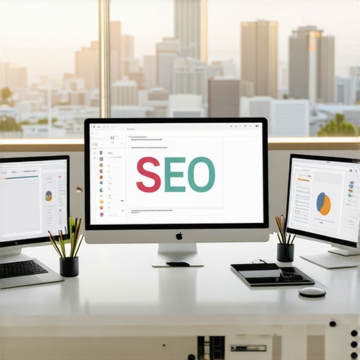 Digital marketer using SEO tools with Houston city skyline in background