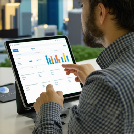 A professional SEO specialist reviewing Houston local search rankings on a tablet with cityscape background.