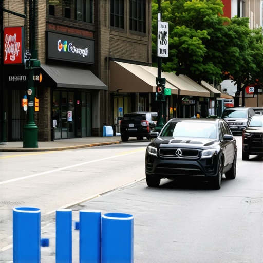 A vibrant Houston street with well-lit storefronts and clear signage
