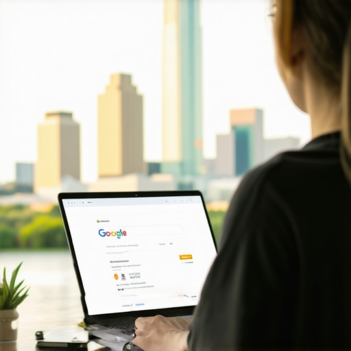 Optimizing Google My Business in Houston Business owner optimizing GMB profile on laptop with Houston skyline.