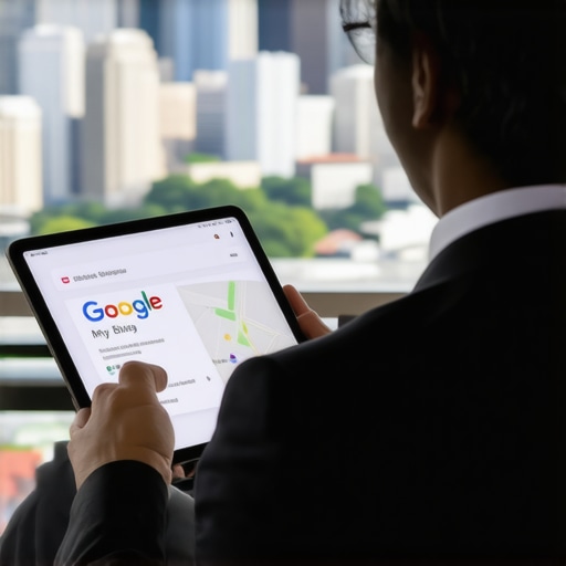 Business owner editing GMB profile on tablet with Houston skyline