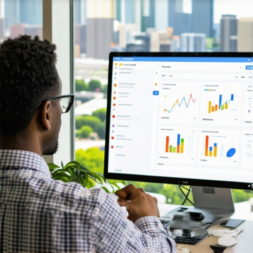 Analyzing Local SEO Tools Person reviewing local SEO analytics on a laptop with Houston city view