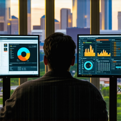Person reviewing digital marketing analytics screens with Houston skyline