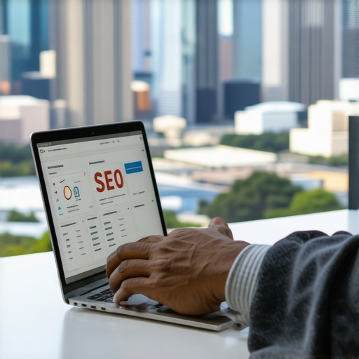 Person analyzing local SEO metrics on a laptop with Houston skyline