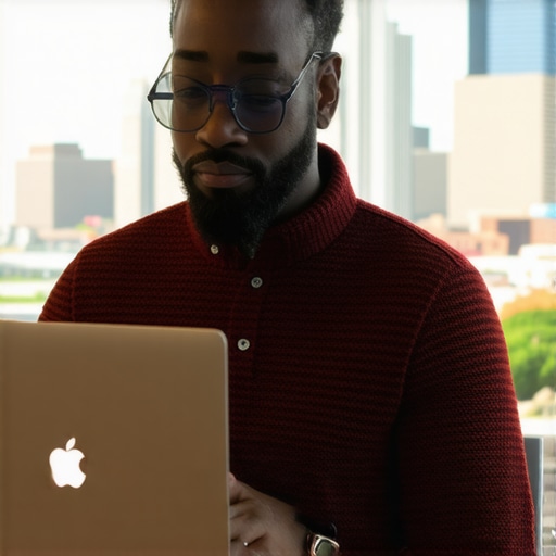 Houston Business Owner Optimizing GMB Profile Business owner working on Google My Business settings with Houston city background