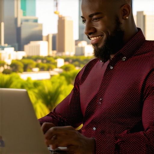 Houston business owner working on Google My Business profile with city landmarks.