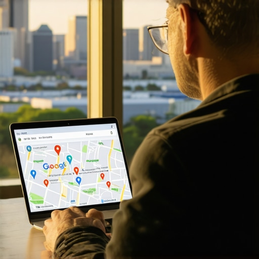 Houston SEO Strategy Business owner reviewing local map rankings with Houston skyline