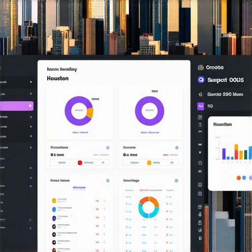 Computer screen displaying local SEO analytics with Houston skyline in the background