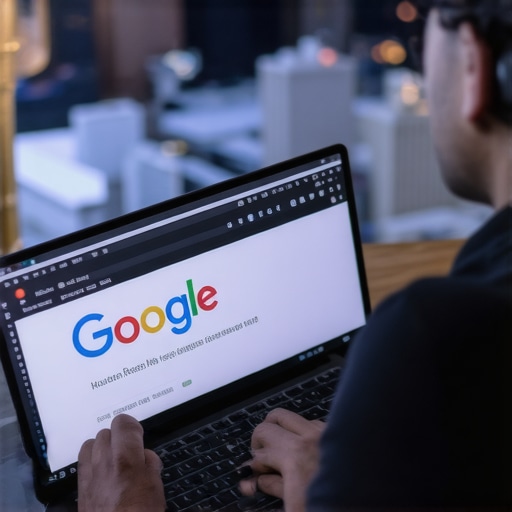 Person updating Google My Business profile with Houston cityscape in the background.