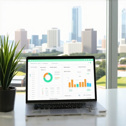 Optimized Local SEO Workspace Desk setup with laptop displaying Houston local SEO dashboard, cityscape in background