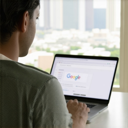 Digital marketer working on Google My Business profile with Houston cityscape