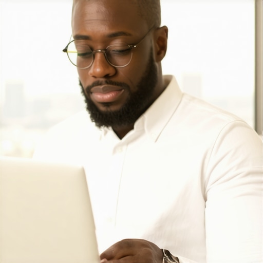 Houston business owner managing Google My Business profile on a laptop with city skyline in background.