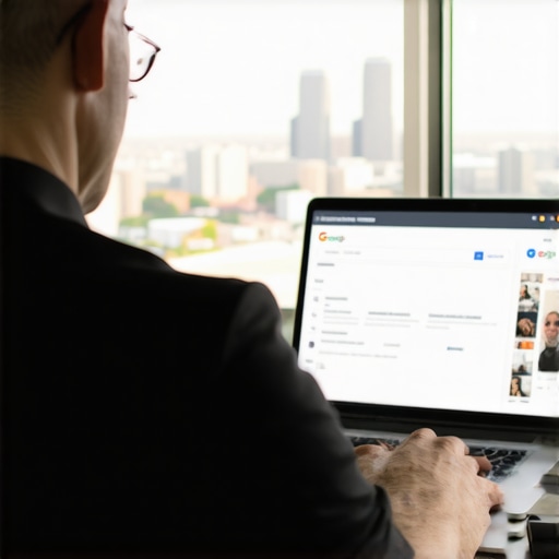 Optimizing Houston GMB Profile A Houston business owner managing their Google My Business profile on a laptop with Houston skyline