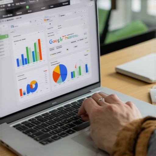 Person analyzing local SEO data on a laptop with charts showing Google Maps rankings.