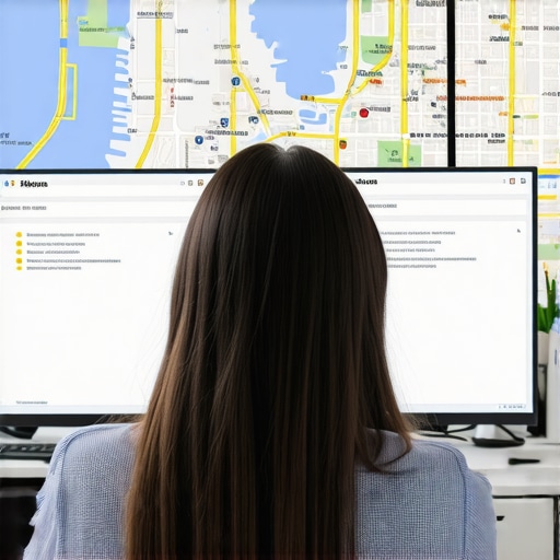 Person reviewing and correcting business listings on a computer with Houston city map in background.