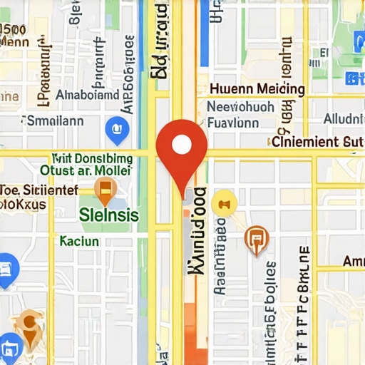 Illustration of Houston neighborhood with Google Maps icons and local business storefronts.