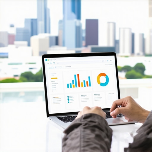 Person analyzing local SEO data on laptop with Houston skyline in background